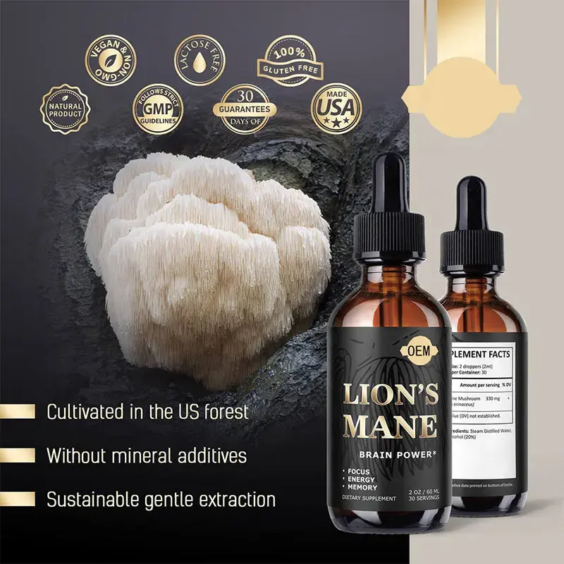 Biocaro OEM Hot Selling Organic Reishi Chaga Lions Mane Extract Drops Supplements Lion's Mane Mushroom Liquid Drops