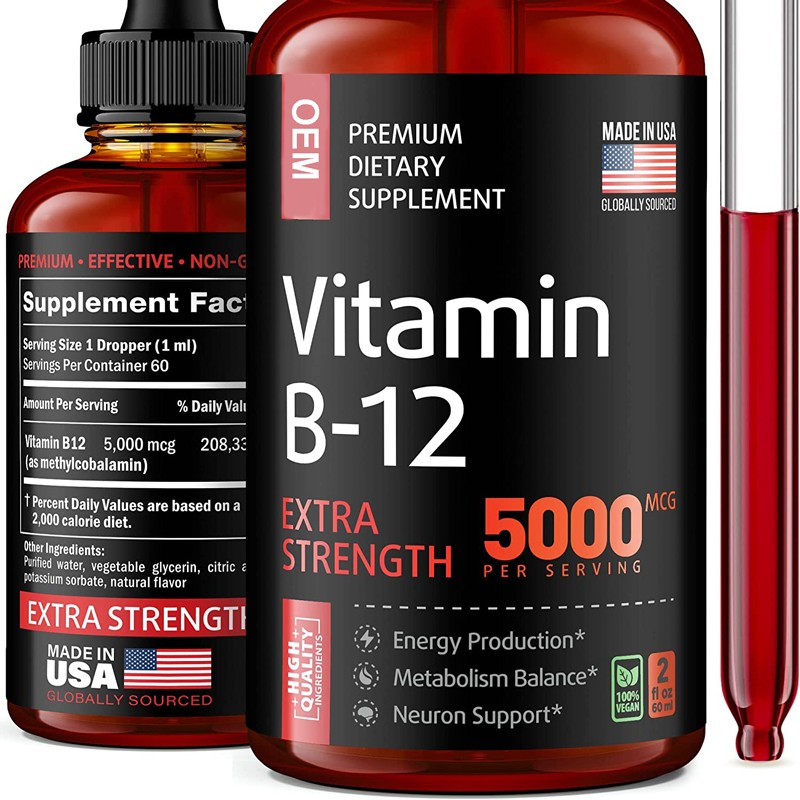 New Arrival Natural Vitamin B12 Drops 5000 Mcg Energy, Mood & Metabolism Increase Methylcobalamin B12 Liquid Supplement