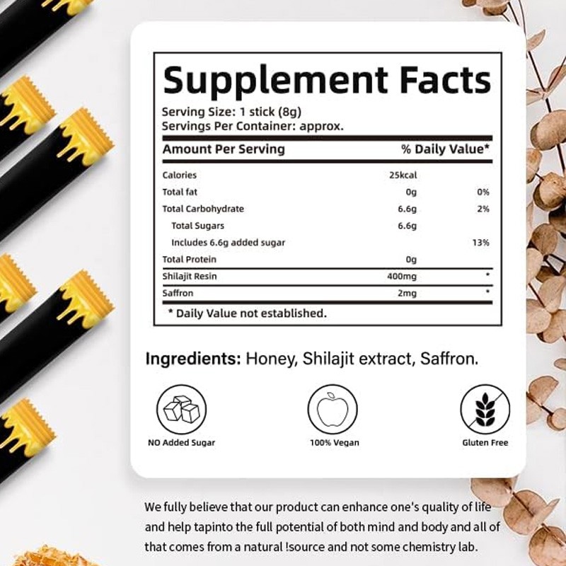 Private Label Shilajit Resin with Honey and Saffron Pure Himalayan Organic Health Supplement Shilajit Extract 30 Sticks