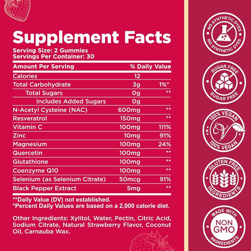 BIOCCHN OEM NAC Gummies N Acetyl Cysteine Supplement with Resveratrol, Magnesium, CoQ10, NAC for Antioxidants & Immune Support