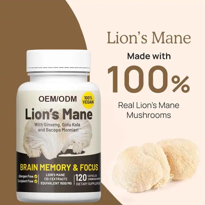 Biocaro OEM Private Label Halal Organic Lions Mane Mushroom Complex Capsules Reishi Cinnamon Cordyceps Extract Capsule