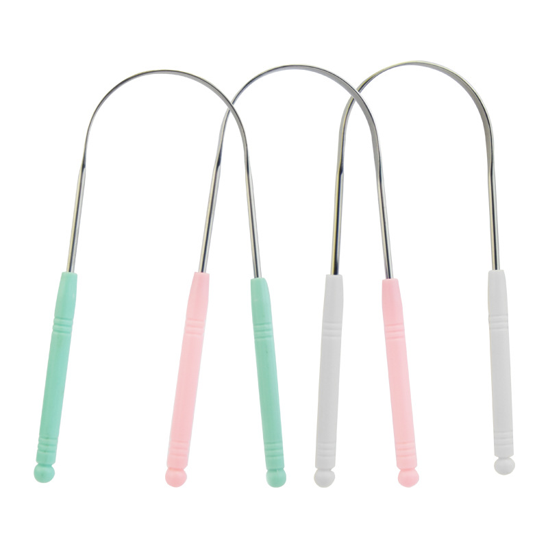 High Quality Plastic Handle Tongue Scraper Stainless Steel Reusable Oral Care Cleaning Tool Tongue Scrubber for Men and Women
