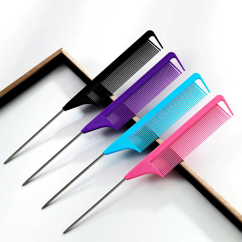 Wholesale Custom Salon Hairdressing Anti Static Parting Comb Heat Resistant Rat Tail Comb Metal Pin Braiding Comb