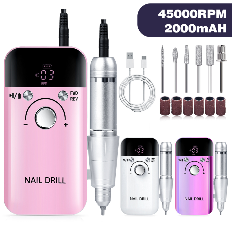New V6 45000rpm Electric Nail Drill Machine Drills for Gel Nails Polish Rechargeable Portable Nail File Manicure Tool