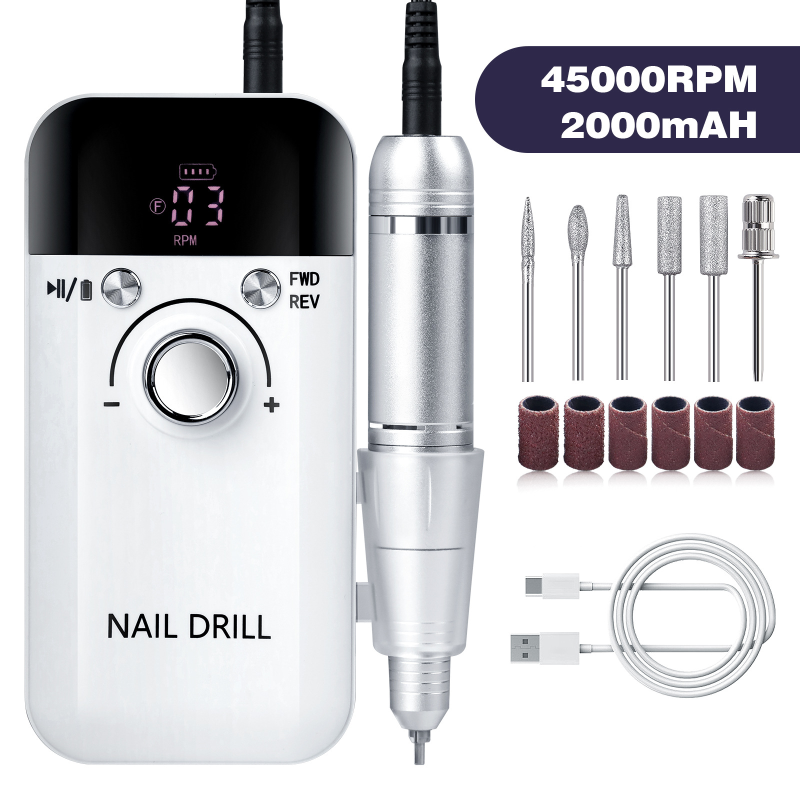 New V6 45000rpm Electric Nail Drill Machine Drills for Gel Nails Polish Rechargeable Portable Nail File Manicure Tool