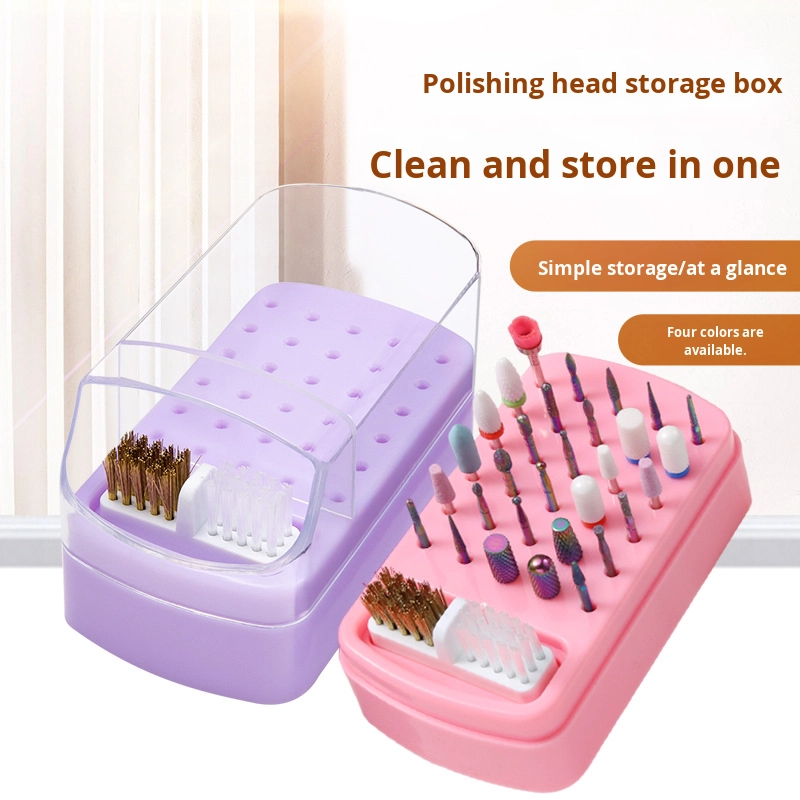 Portable 30-Hole Nail Grinding Head Storage Box Solid Plastic System Dustproof and Colorful with Split Cleaning Brush