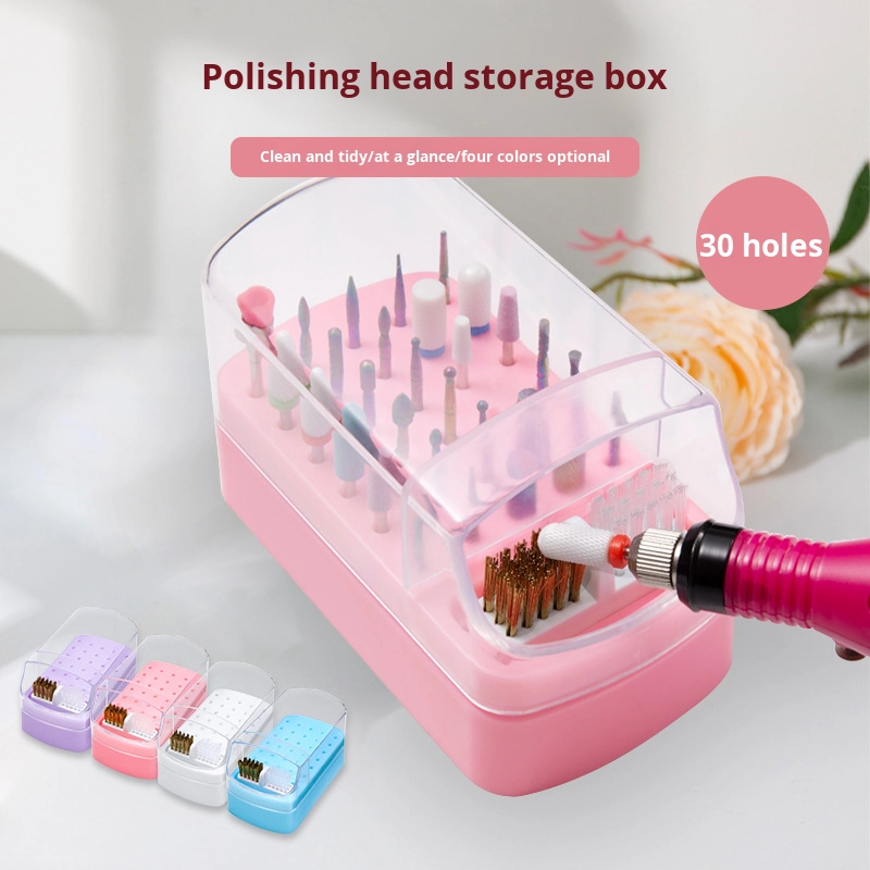 Portable 30-Hole Nail Grinding Head Storage Box Solid Plastic System Dustproof and Colorful with Split Cleaning Brush