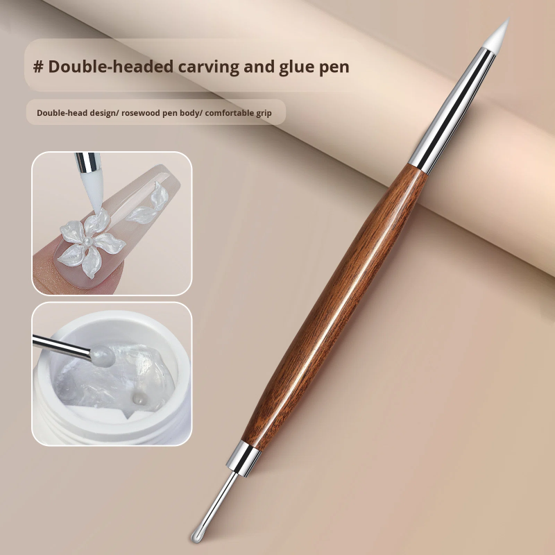 Wood Double Headed Nail Art Brush Carving Flower Painting Pen DIY Manicure Tools Spatula Poly Nail Gel Pen Mixed Pen