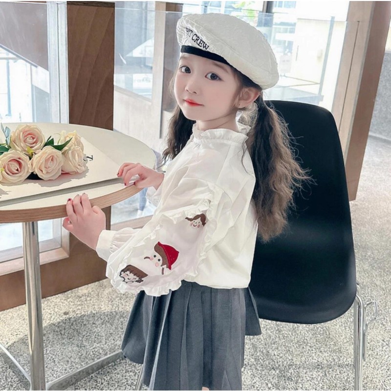 Girls T-Shirts - Cartoon Embroidery Round Neck