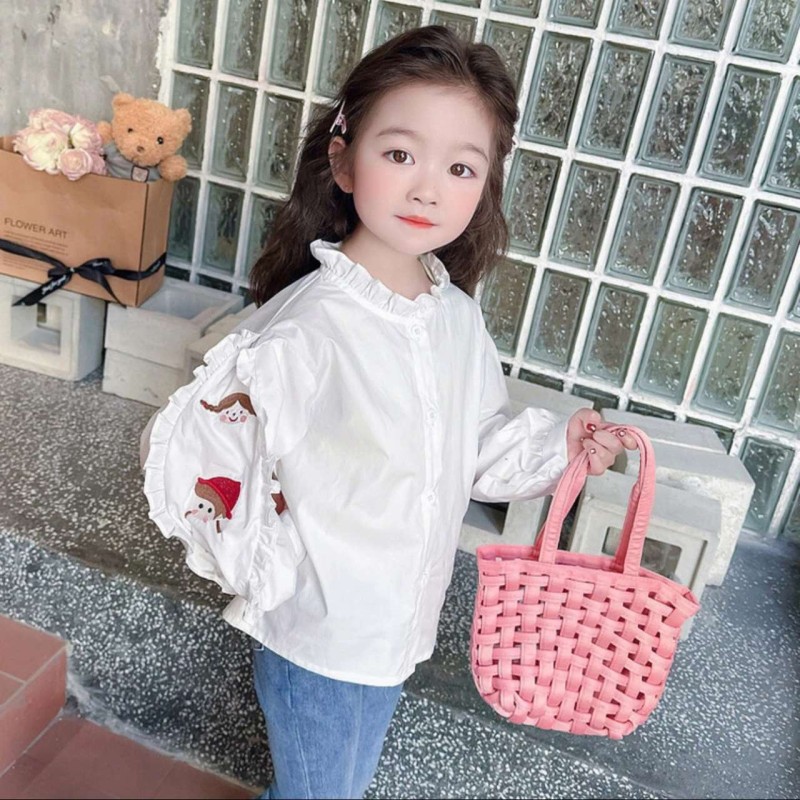 Girls T-Shirts - Cartoon Embroidery Round Neck