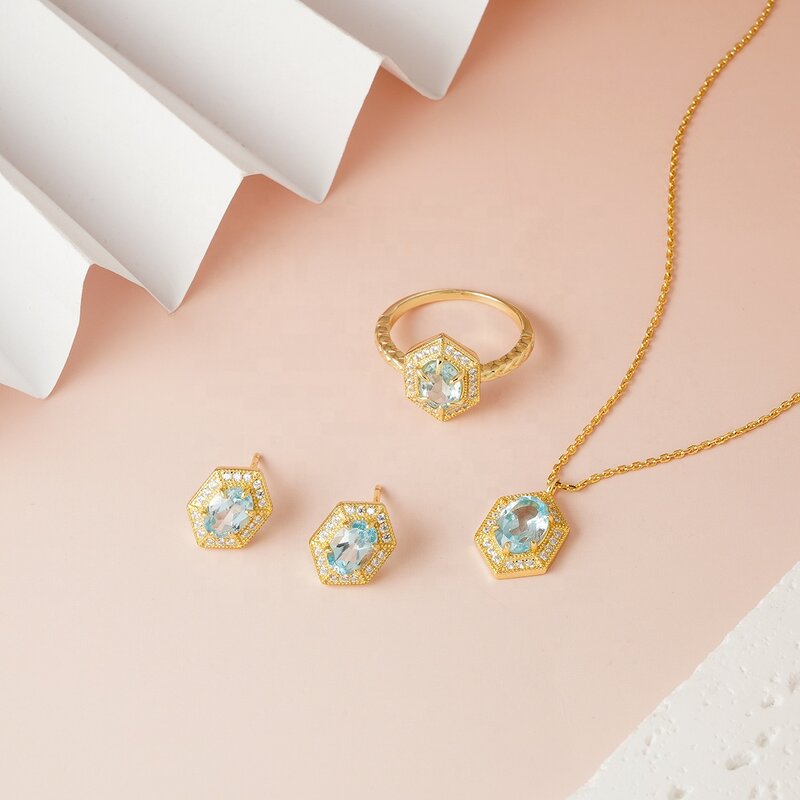 Jewelry Set - Vintage Hexagon Blue Topaz