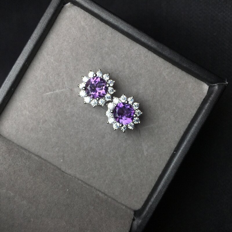 Amethyst Stud Earrings - 925 Sterling Silver Handmade