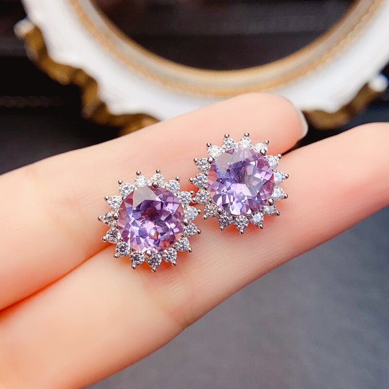 Amethyst Stud Earrings - 925 Sterling Silver Handmade