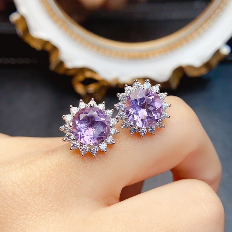 Amethyst Stud Earrings - 925 Sterling Silver Handmade