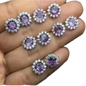 Amethyst Stud Earrings - 925 Sterling Silver Handmade