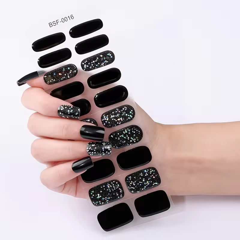 High Quality Low Price Low Qty Custom Full Cover Non-Toxic Long Lasting Semi Cured UV Gel Nail Wraps Sticker Gel Nail Strips