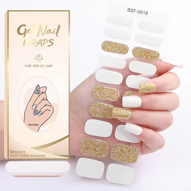 High Quality Low Price Low Qty Custom Full Cover Non-Toxic Long Lasting Semi Cured UV Gel Nail Wraps Sticker Gel Nail Strips