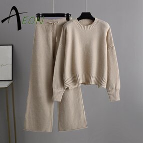 Women's Knit Set Factory - Round Neck Pullover Pants Set