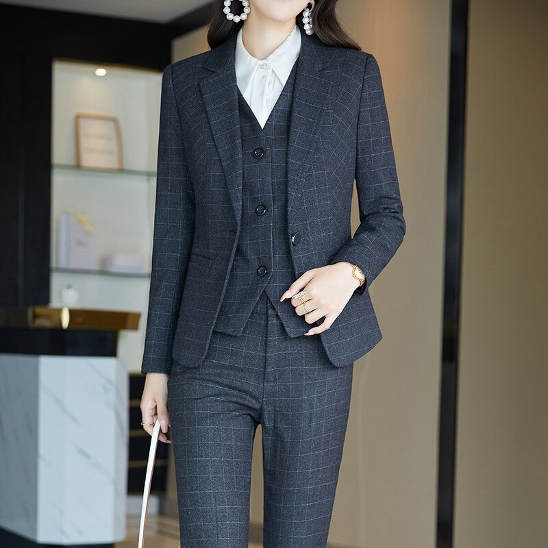 Pant Suit Set Factory - OEM 4 Piece Plaid Formal Office Uniform