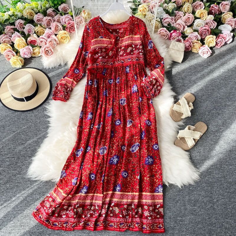 Beach Dress Supplier - V Neck Women's Floral Long Sleeve Casual Summer