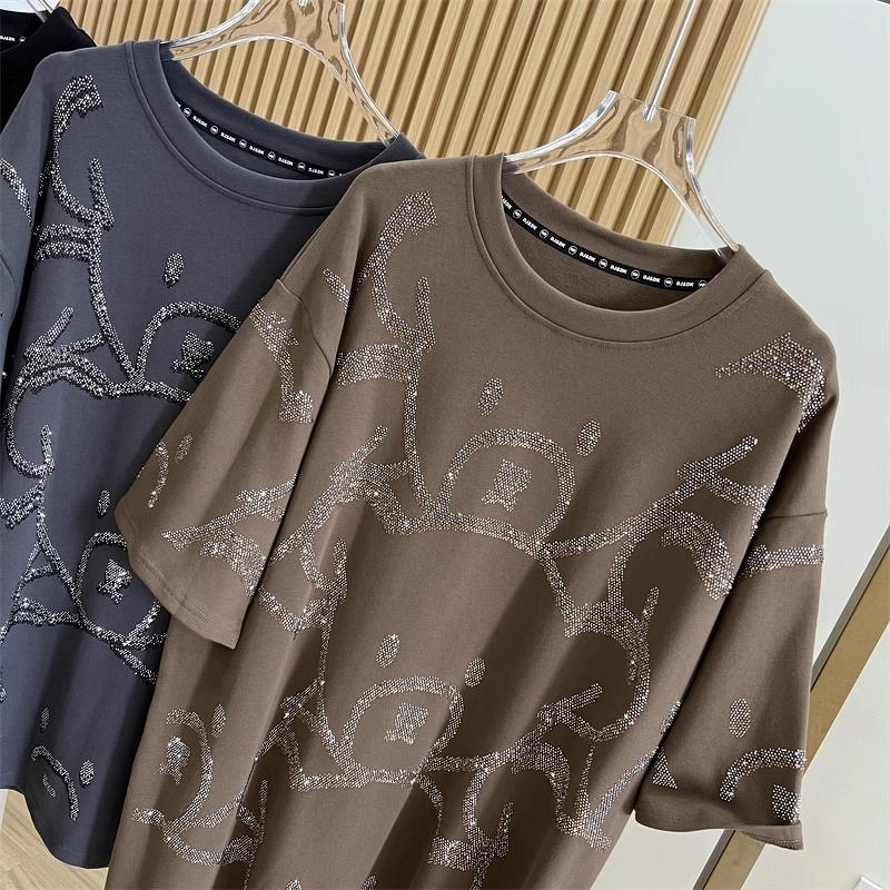 Plus Size T-Shirt Supplier - Bear Design Heavy Craft Rhinestone Loose