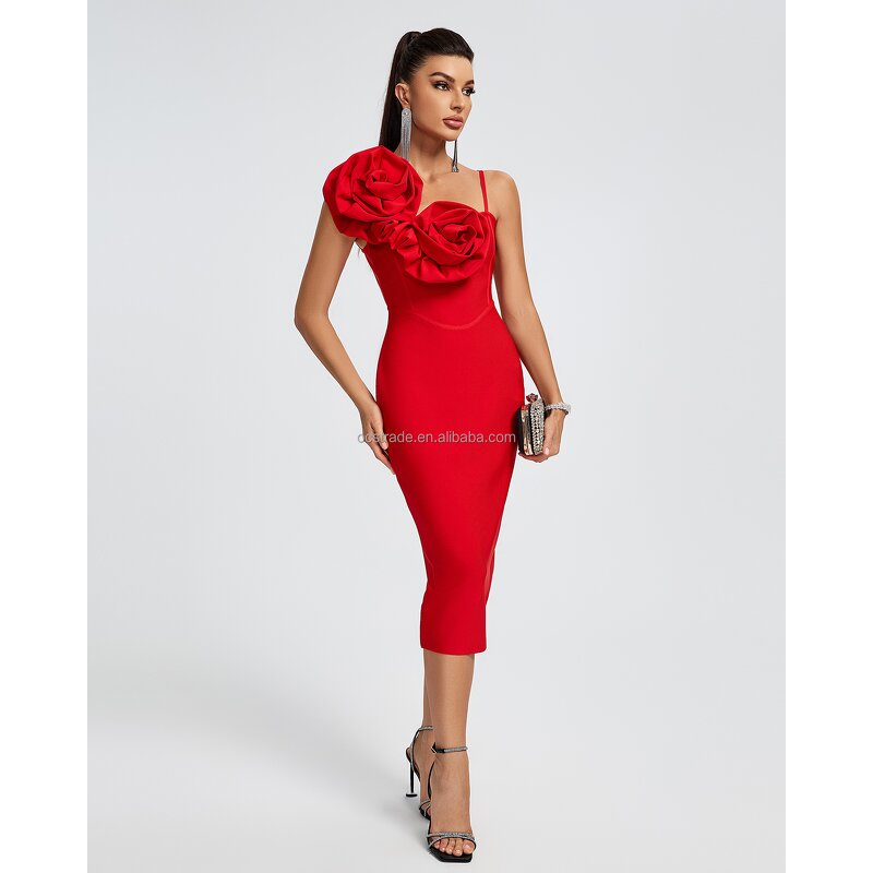 Cocktail Dress Supplier - Fashion Design Red 3D Flowers Sleeveless Bodycon