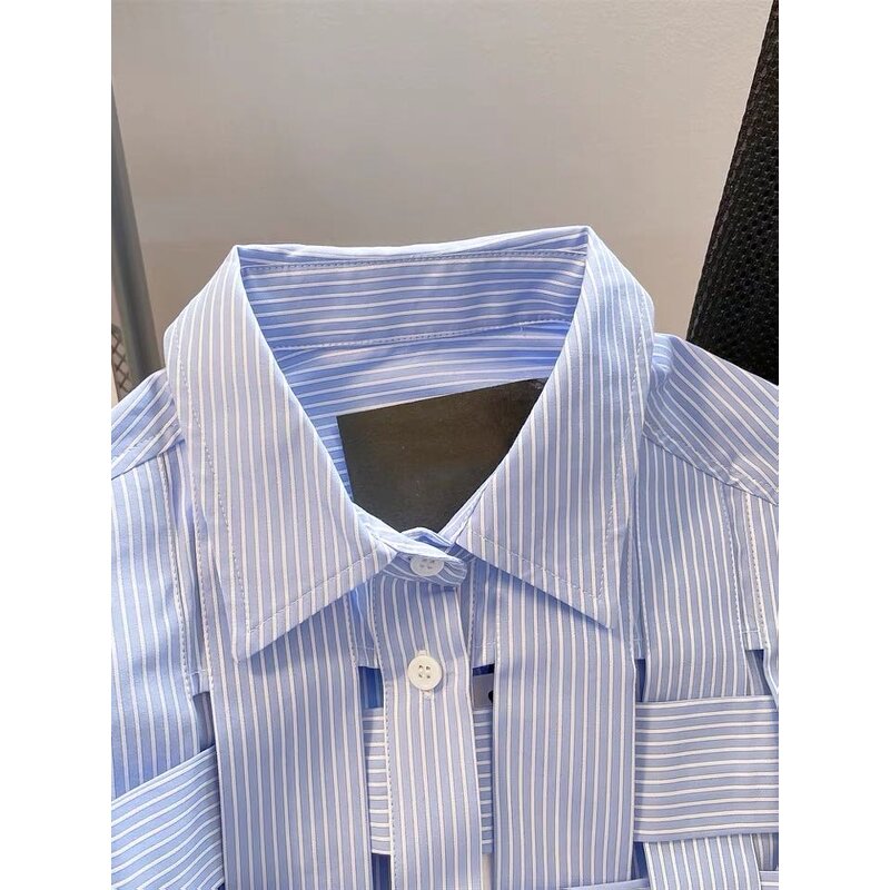 Women's Shirt Factory - 2025 Spring Blue Long Sleeved Striped Polo