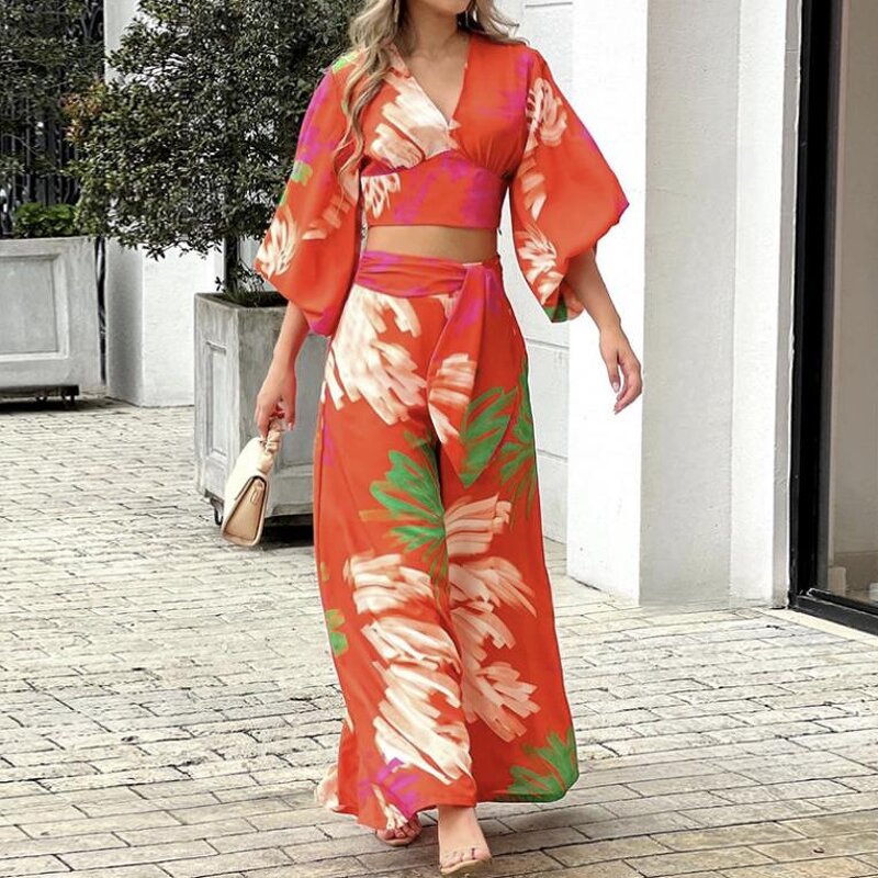 Two Piece Set Supplier - Print Loose V Neck Wrap Crop Tops & Wide Leg