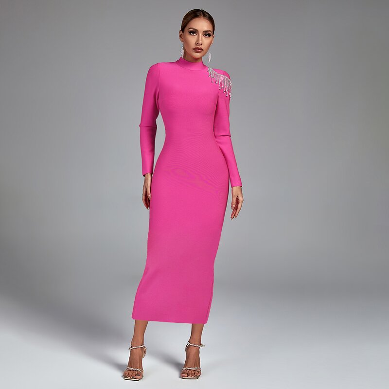 Cocktail Dress Factory - Beaded Long Sleeve Backless Diamond Tassel Midi