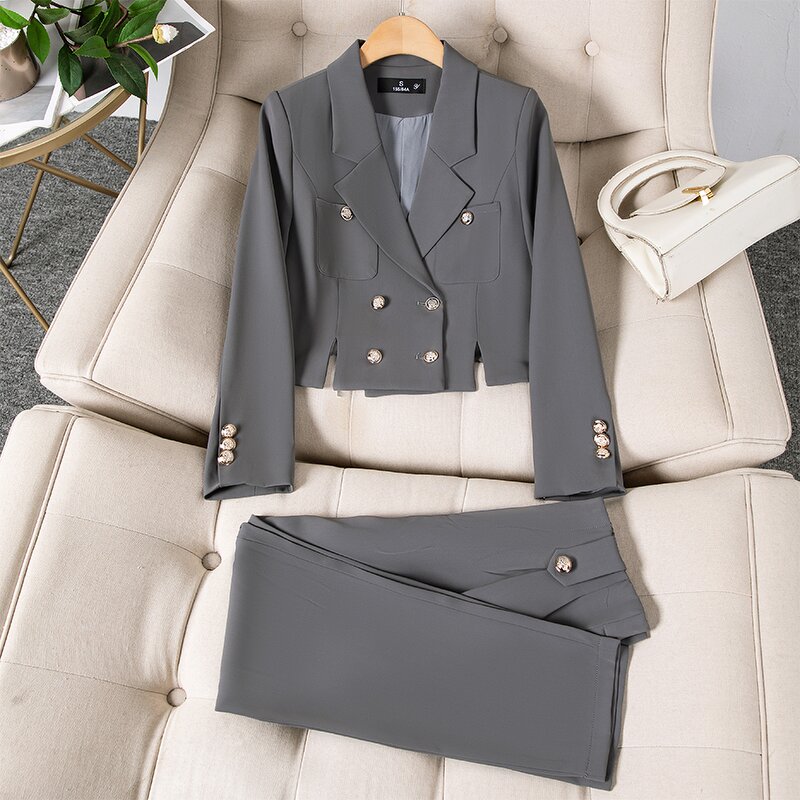 Women's Suit Set Supplier - Elegant Office Double-Breasted Pantsuit Button