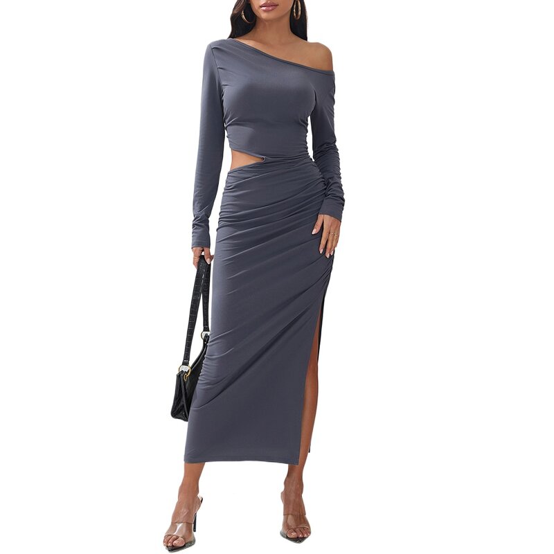 Two Piece Dress Supplier - Off Shoulder Long Sleeve Slit Grey Bodycon Plus