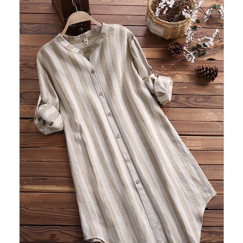 Blouse Supplier - Long Style Striped Spring Autumn Loose Lapel