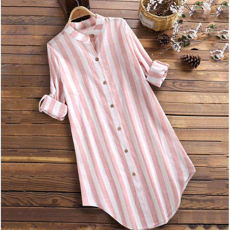 Blouse Supplier - Long Style Striped Spring Autumn Loose Lapel