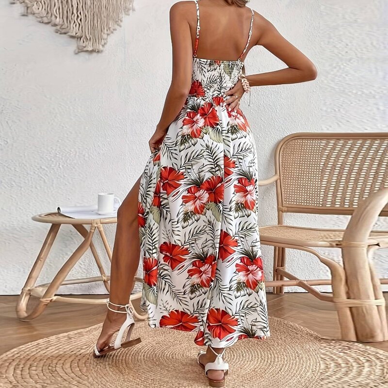 Lace Maxi Dress Supplier - Slit Strap Floral Print Beach Plus Size High