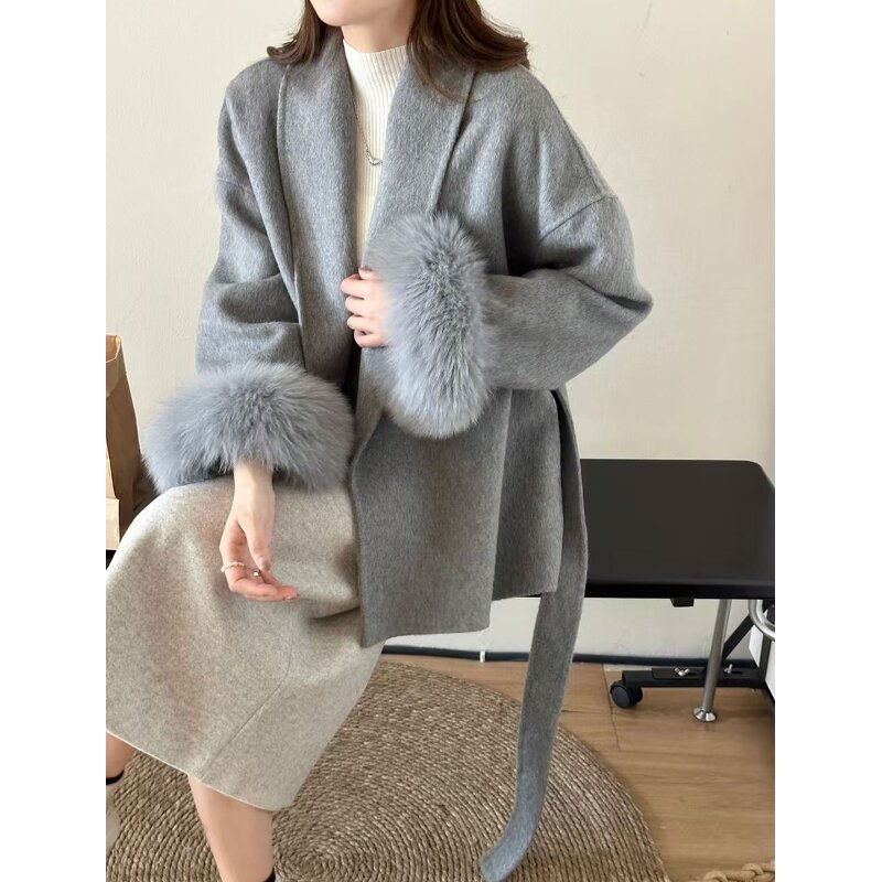 Fur Coat Supplier - Wool Blended Short Coat with Fox Cuff
