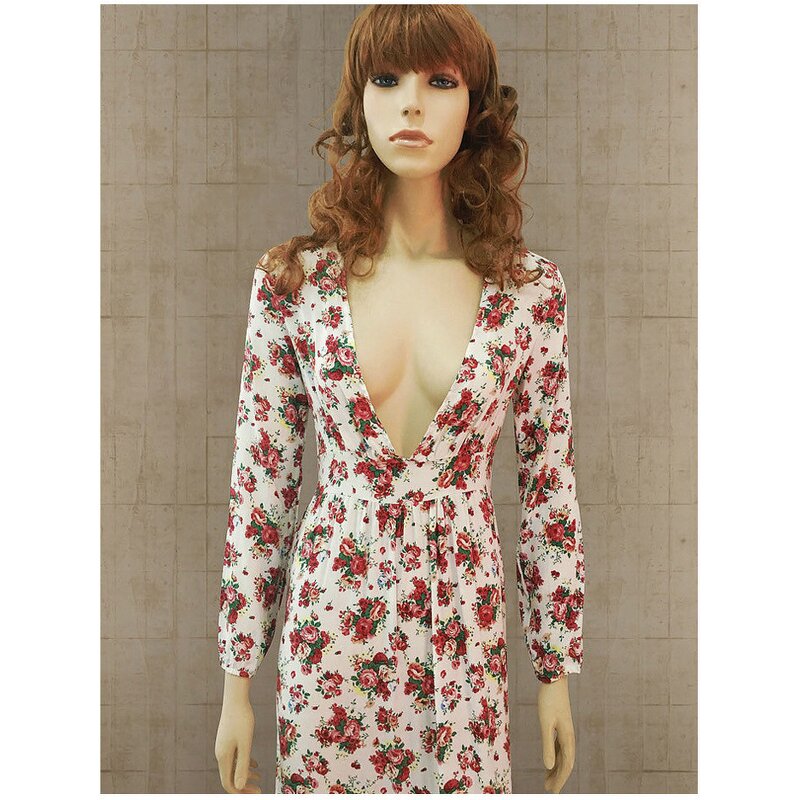 Maxi Dress Factory - Floral Printing Deep V Neck Long Sleeve Ruffle