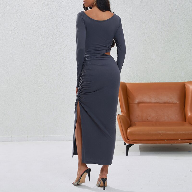 Two Piece Dress Supplier - Off Shoulder Long Sleeve Slit Grey Bodycon Plus