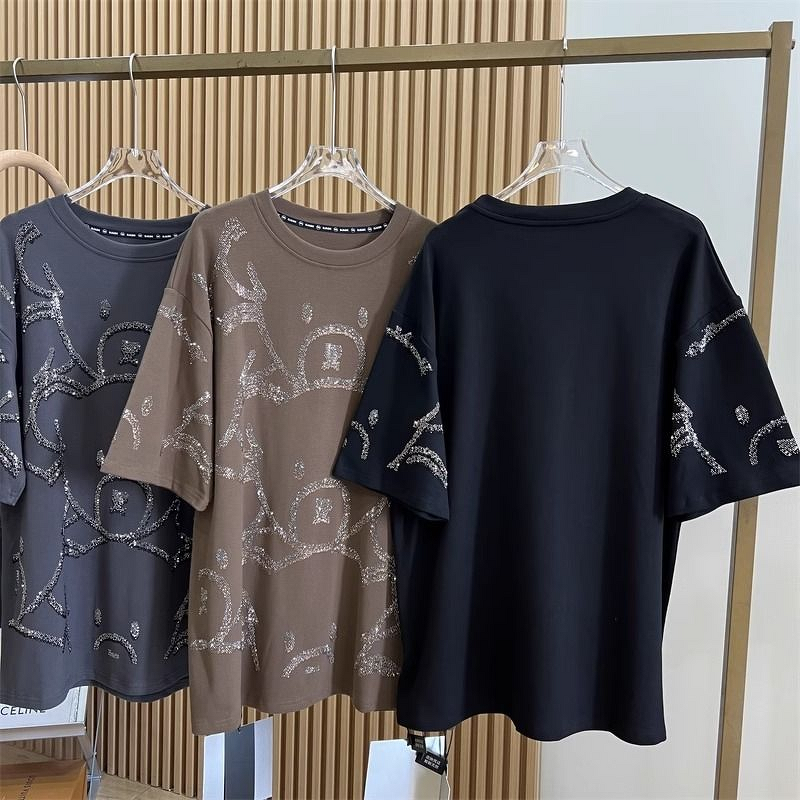 Plus Size T-Shirt Supplier - Bear Design Heavy Craft Rhinestone Loose