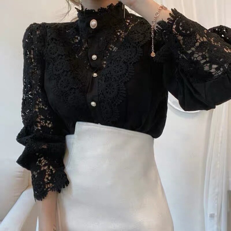Women's Blouse Supplier - French Style Stand Collar Loose Cut Out