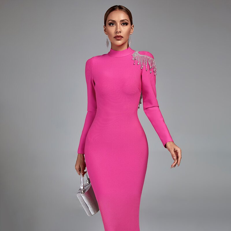 Cocktail Dress Factory - Beaded Long Sleeve Backless Diamond Tassel Midi