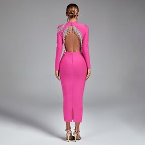 Cocktail Dress Factory - Beaded Long Sleeve Backless Diamond Tassel Midi