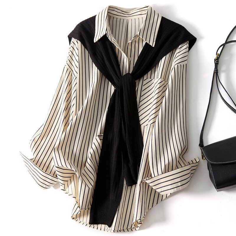 Two-piece Shirt Supplier - Shawl Stripe Lapel Long Sleeve Loose Autumn