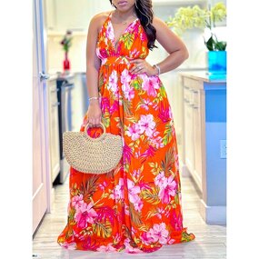 Maxi Dress Supplier - Summer Print Flower Strip Long Polyester Mama