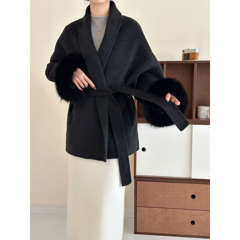 Fur Coat Supplier - Wool Blended Short Coat with Fox Cuff
