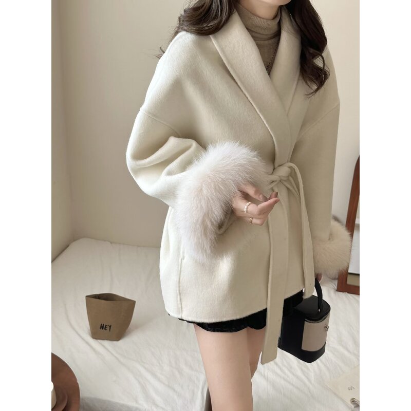 Fur Coat Supplier - Wool Blended Short Coat with Fox Cuff