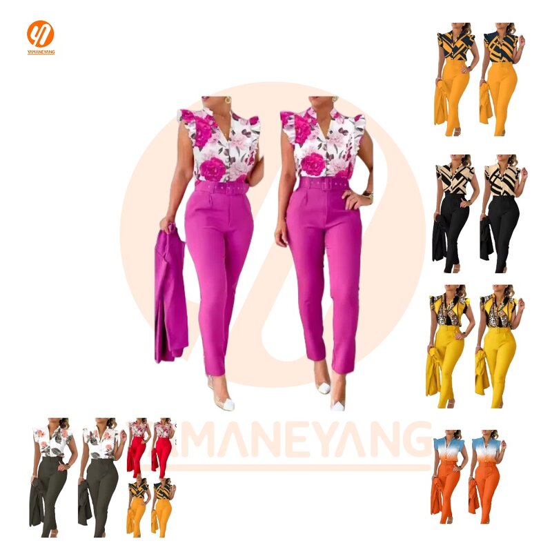 Women's Set Factory - Europe US Chiffon Printed Lotus Sleeve Shirt Pants