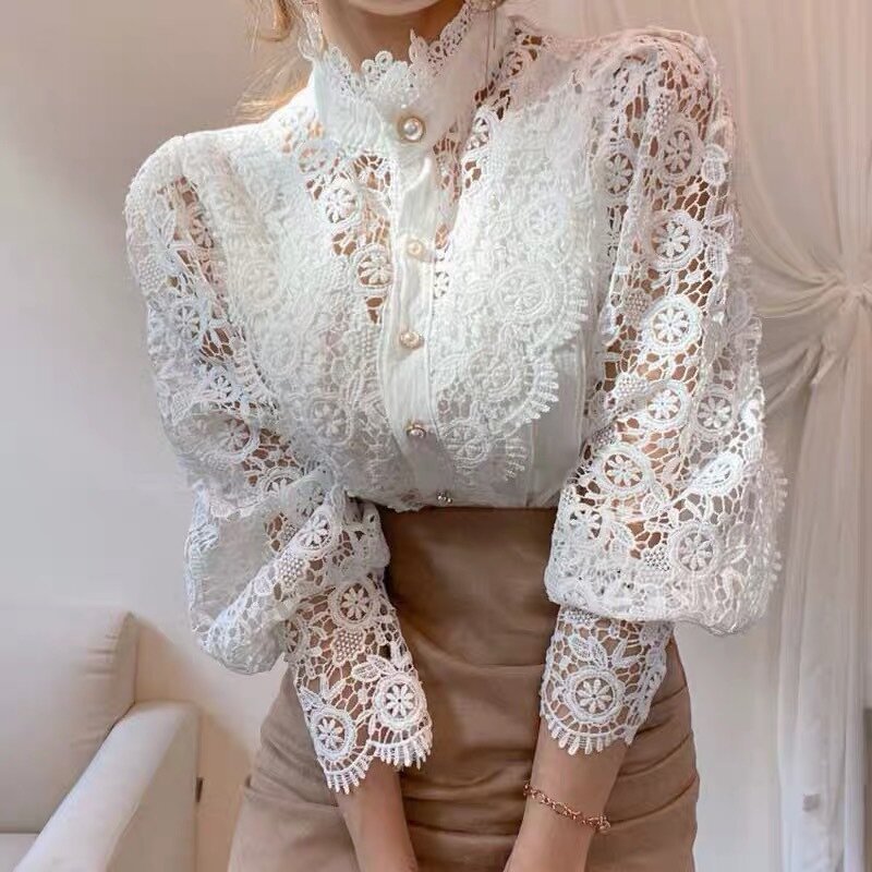 Women's Blouse Supplier - French Style Stand Collar Loose Cut Out