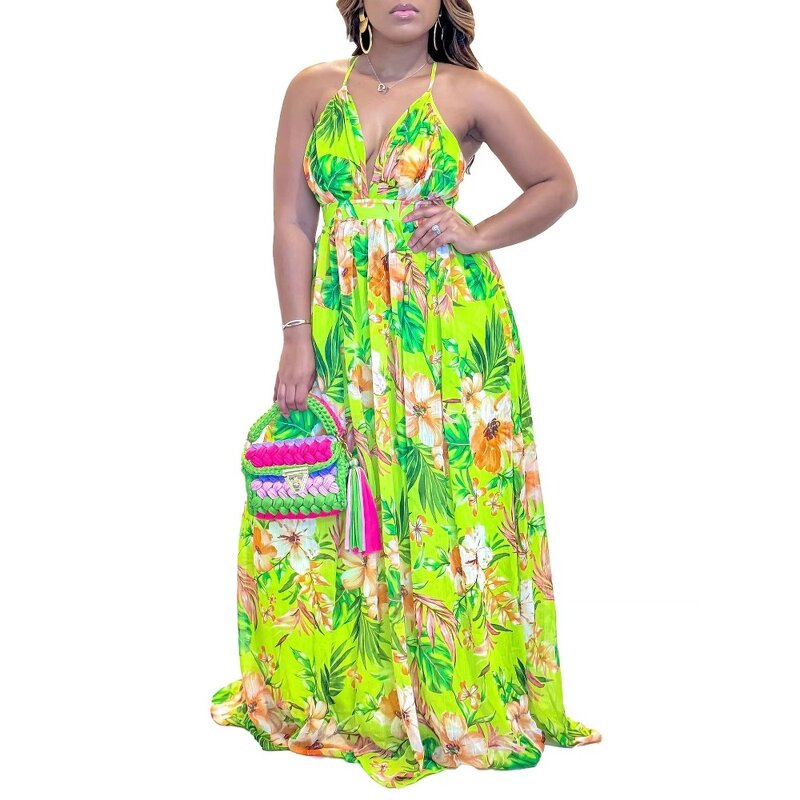 Maxi Dress Supplier - Summer Print Flower Strip Long Polyester Mama