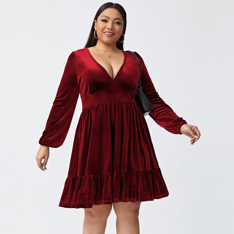 Plus Size Dress Factory - V Neck Cinched Long Sleeve Skirt Casual Elegant
