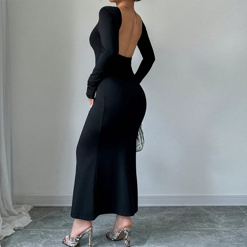 Bodycon Dress Factory - Long Dress Hip Wrapped Round Collar Pullover Backless